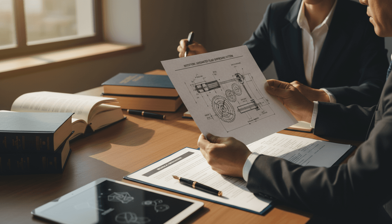Patent attorney Patrick Roncato reviewing technical patent documentation