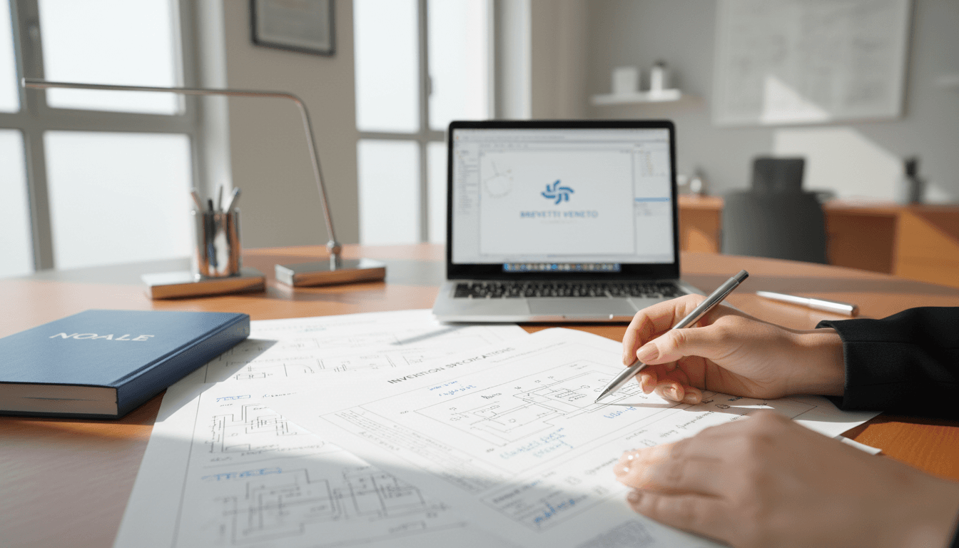 Patent attorney reviewing technical documents at desk in professional office setting