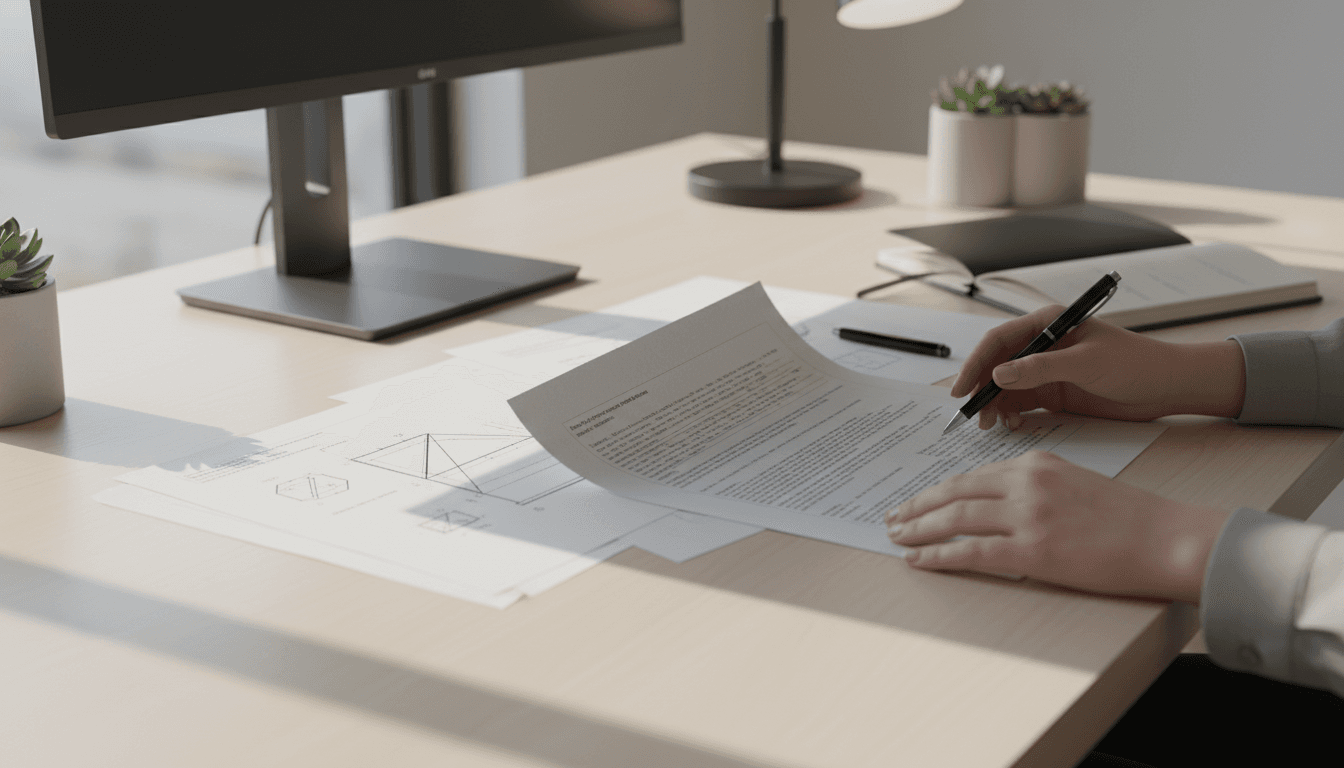 Professionista esamina documenti di brevetto su una scrivania moderna