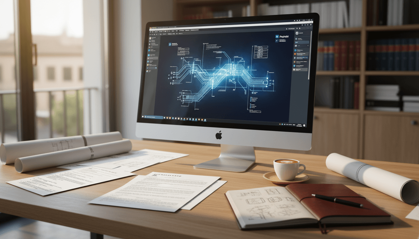 Professional patent attorney workspace with documents and patent diagrams in modern office setting