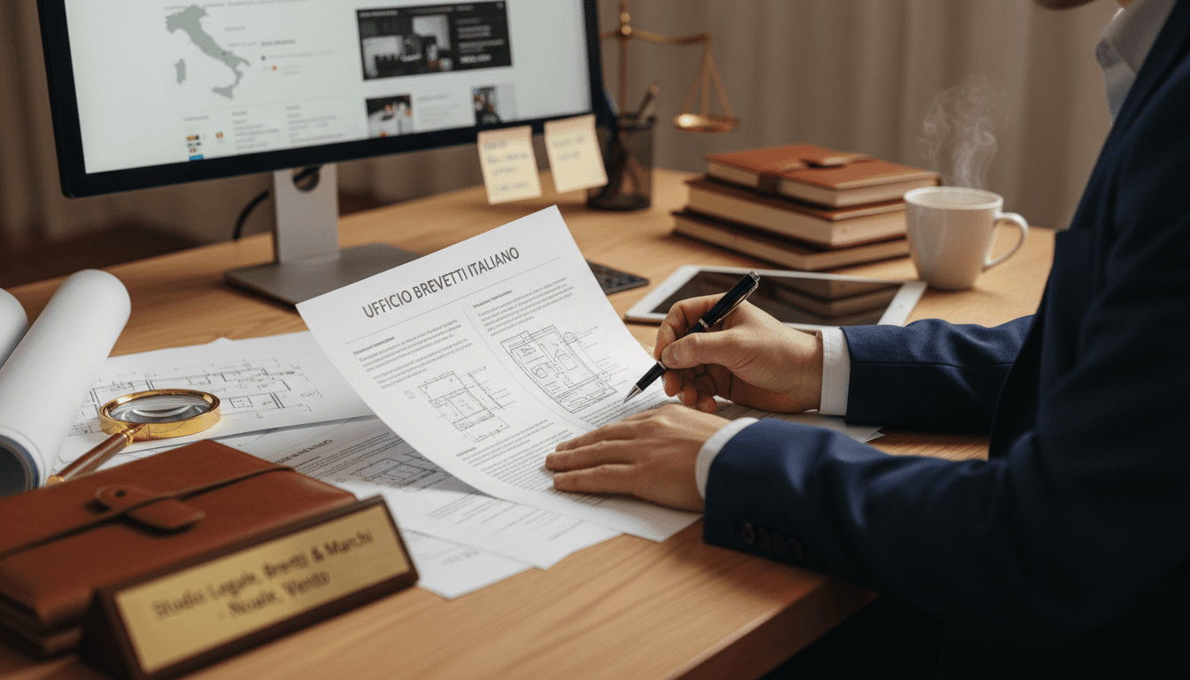 Patent attorney reviewing detailed technical documents and patent drawings at a professional workspace